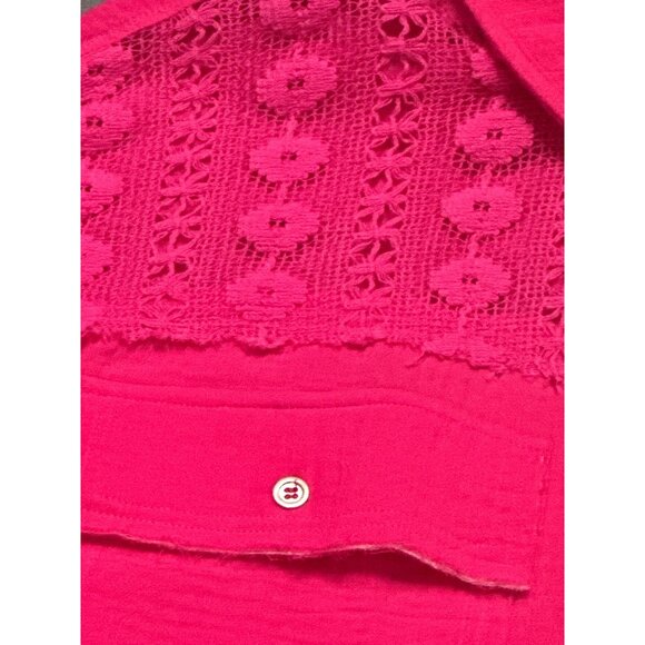 Andree By Unit XL Hot Pink Cotton Lace Shacket Button Front Textured Boho Core - Picture 11 of 12
